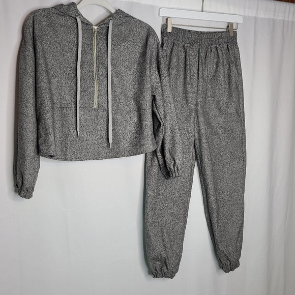 NWOT Zara Heathered Black Gray Soft Flannel Cropped Hoodie/Jogger Pants Set - Picture 9 of 16
